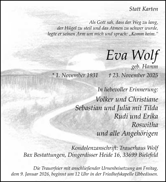 Traueranzeige von Eva Wolf von Neue Westfälische und Westfalen-Blatt