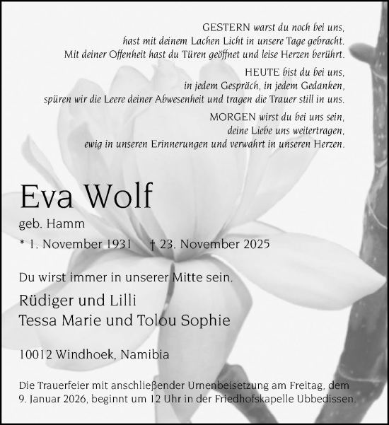 Traueranzeige von Eva Wolf von Neue Westfälische und Westfalen-Blatt
