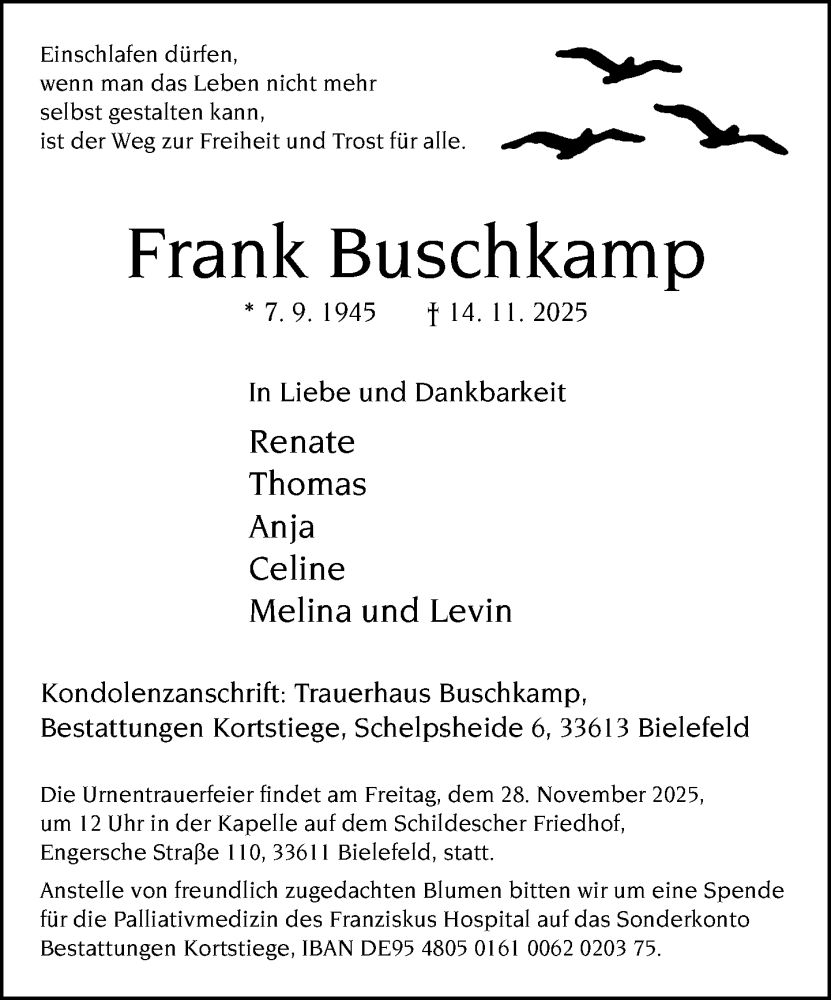  Traueranzeige für Frank Buschkamp vom 22.11.2025 aus Neue Westfälische und Westfalen-Blatt