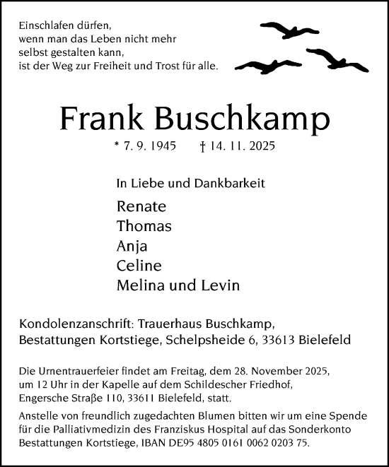 Traueranzeige von Frank Buschkamp von Neue Westfälische und Westfalen-Blatt