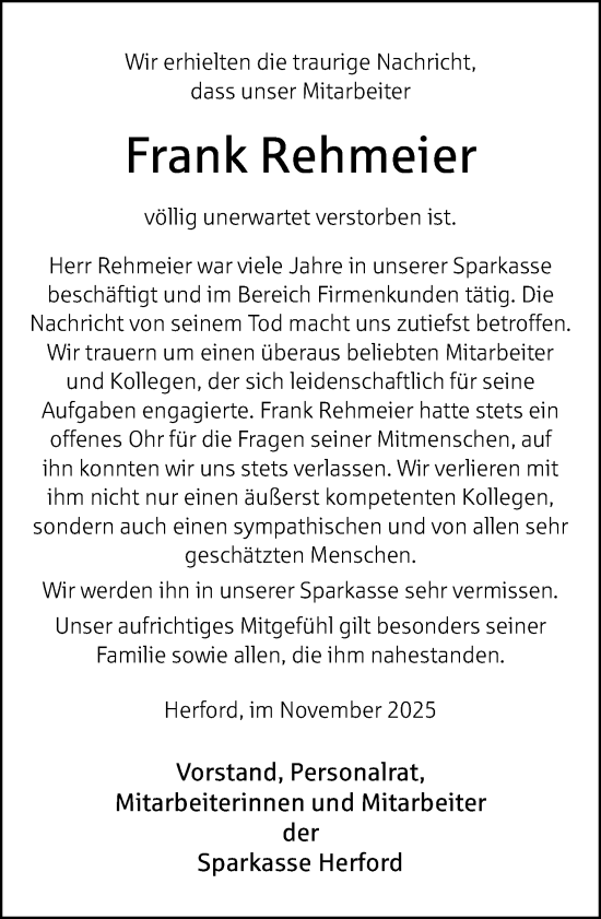 Traueranzeige von Frank Rehmeier von Neue Westfälische und Westfalen-Blatt