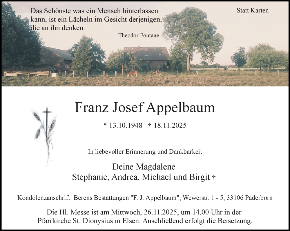  Traueranzeige für Franz Josef Appelbaum vom 22.11.2025 aus Neue Westfälische und Westfalen-Blatt