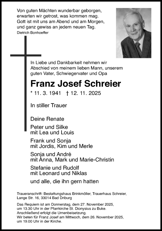 Traueranzeige von Franz Josef Schreier von Neue Westfälische und Westfalen-Blatt