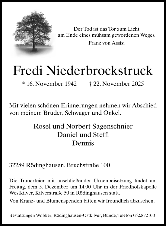 Traueranzeige von Fredi Niederbrockstruck von Neue Westfälische und Westfalen-Blatt