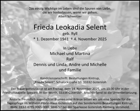 Traueranzeige von Frieda Leokadia Selent von Neue Westfälische und Westfalen-Blatt