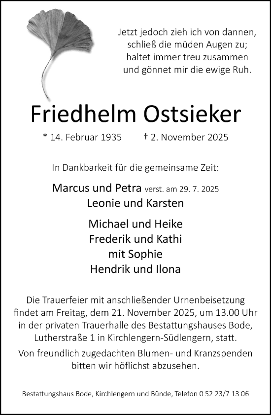 Traueranzeige von Friedhelm Ostsieker von Neue Westfälische und Westfalen-Blatt