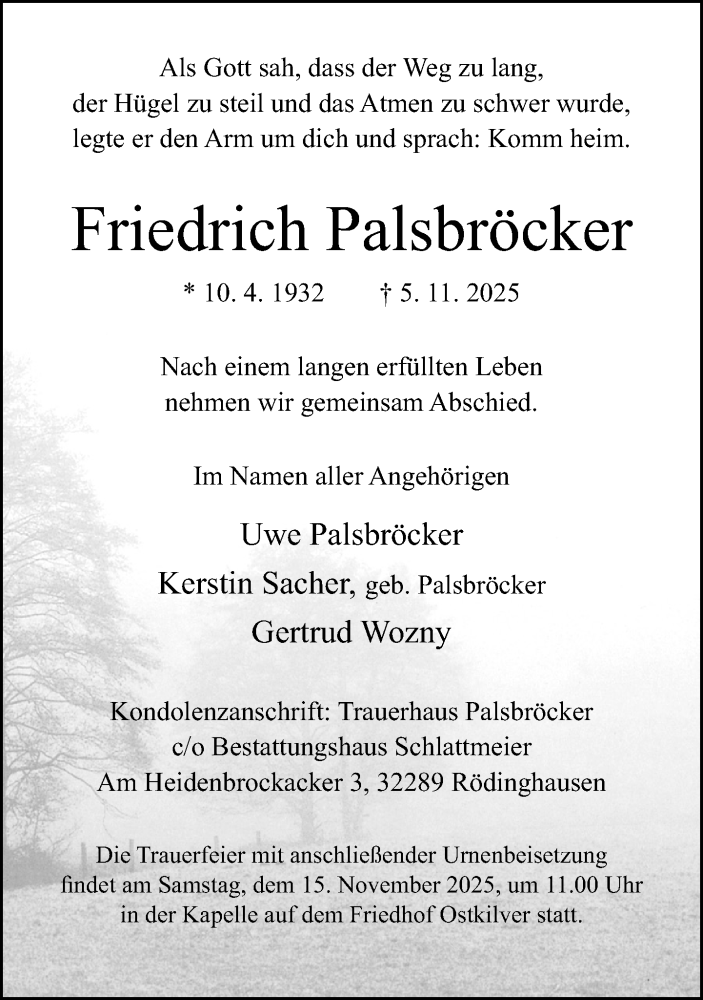  Traueranzeige für Friedrich Palsbröcker vom 08.11.2025 aus Neue Westfälische und Westfalen-Blatt