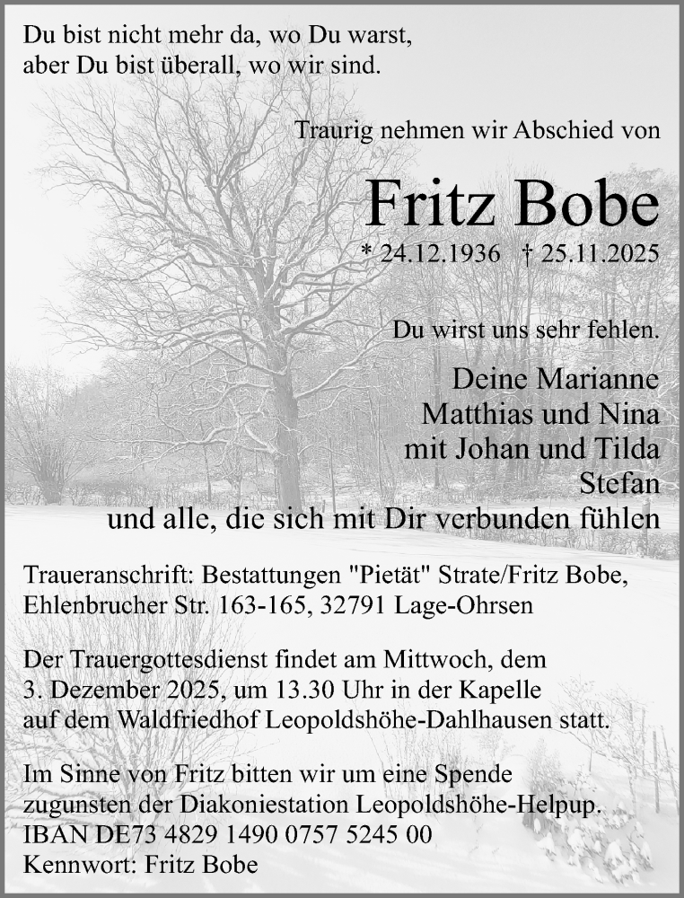 Traueranzeige für Fritz Bobe vom 29.11.2025 aus Neue Westfälische und Westfalen-Blatt