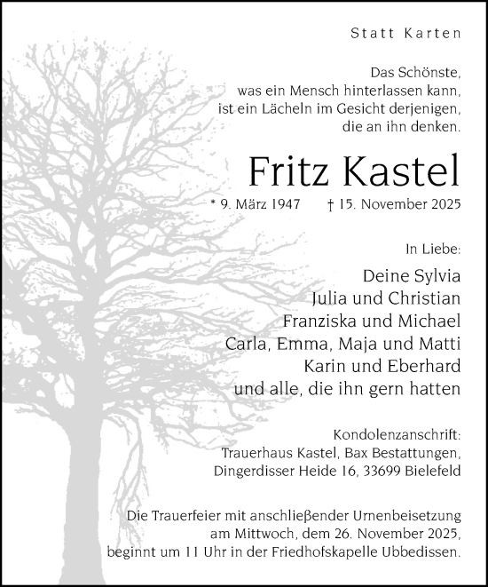 Traueranzeige von Fritz Kastel von Neue Westfälische und Westfalen-Blatt