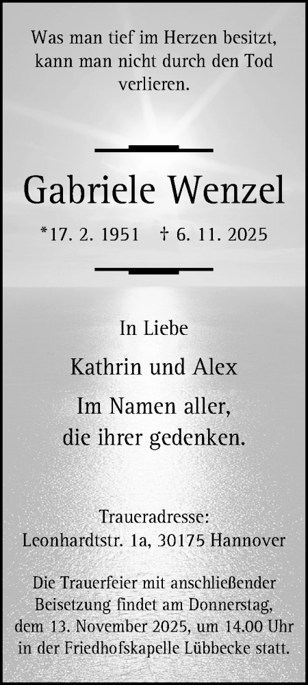  Traueranzeige für Gabriele Wenzel vom 11.11.2025 aus Neue Westfälische und Westfalen-Blatt