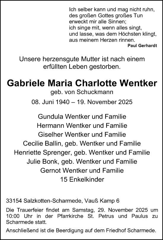 Traueranzeige von Gabriele Maria Charlotte Wentker von Neue Westfälische und Westfalen-Blatt