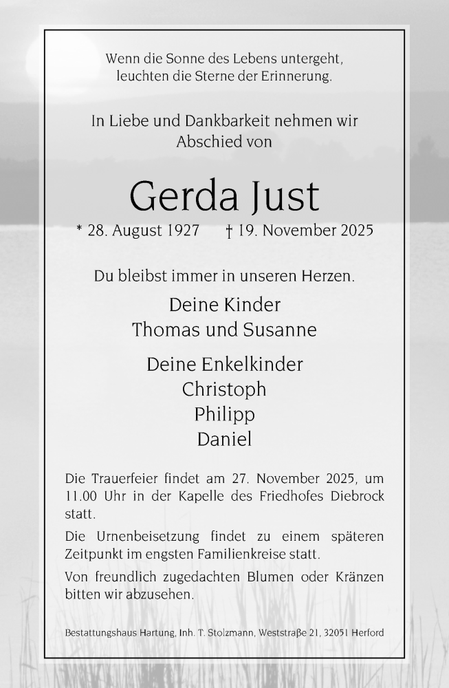  Traueranzeige für Gerda Just vom 22.11.2025 aus Neue Westfälische und Westfalen-Blatt