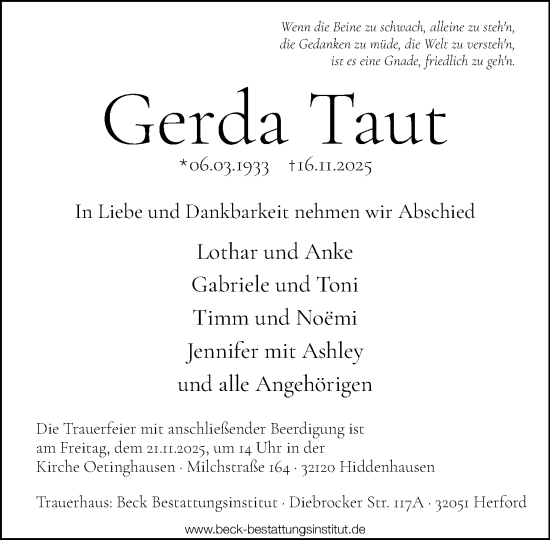 Traueranzeige von Gerda Taut von Neue Westfälische und Westfalen-Blatt