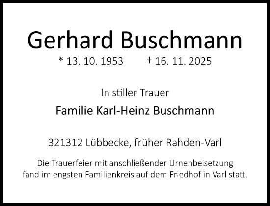 Traueranzeige von Gerhard Buschmann von Neue Westfälische und Westfalen-Blatt