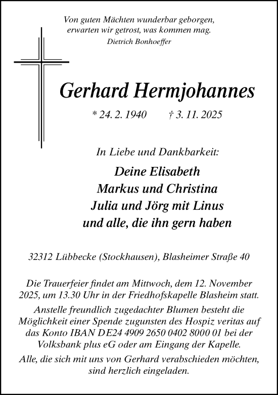 Traueranzeige von Gerhard Hermjohannes von Neue Westfälische und Westfalen-Blatt