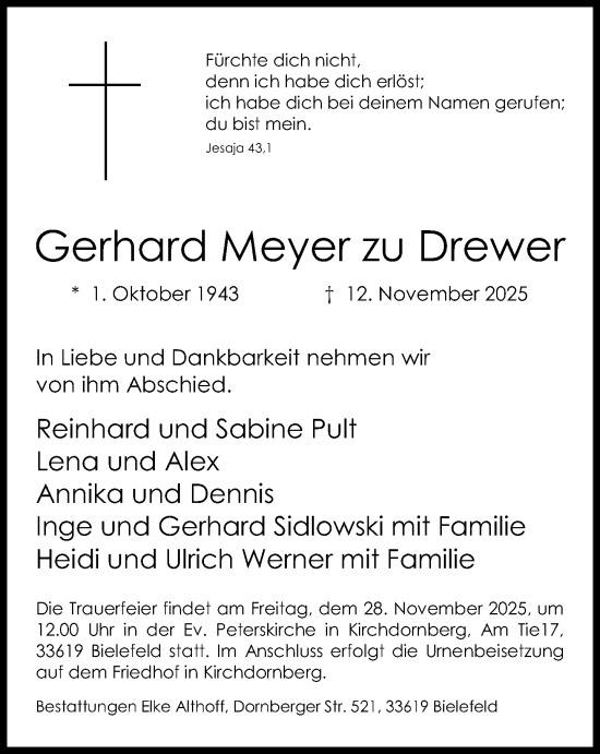 Traueranzeige von Gerhard Meyer zu Drewer von Neue Westfälische und Westfalen-Blatt