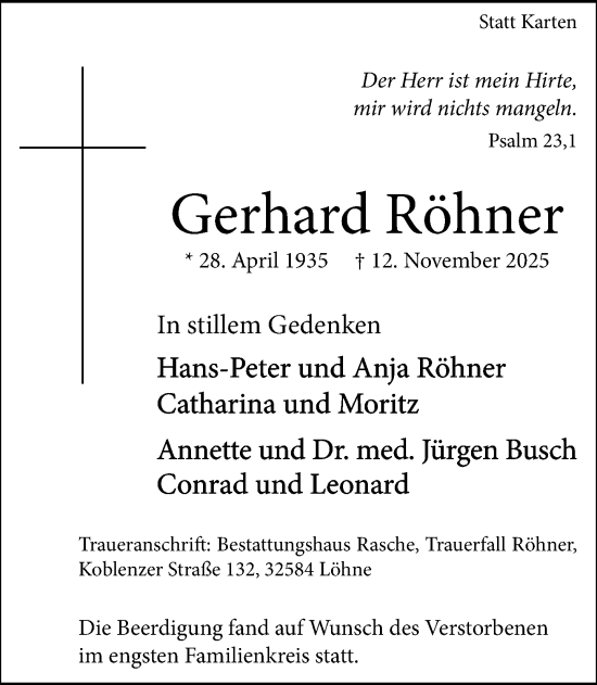 Traueranzeige von Gerhard Röhner von Neue Westfälische und Westfalen-Blatt