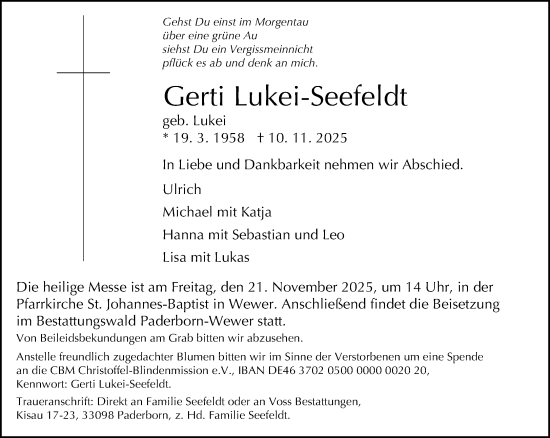 Traueranzeige von Gerti Lukei-Seefeldt von Neue Westfälische und Westfalen-Blatt