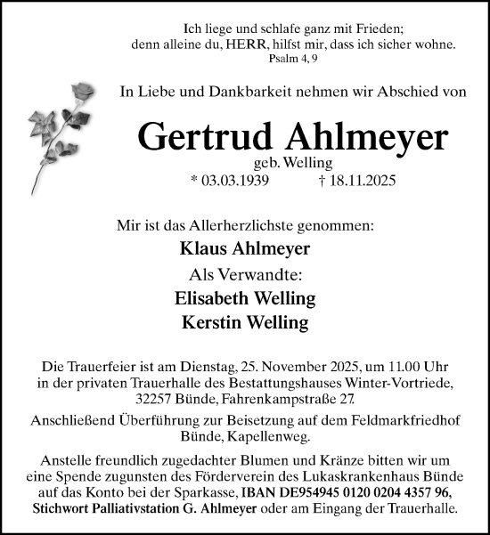Traueranzeige von Gertrud Ahlmeyer von Neue Westfälische und Westfalen-Blatt