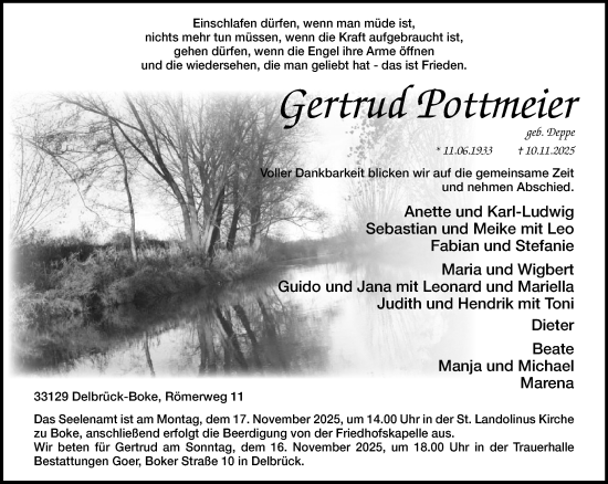 Traueranzeige von Gertrud Pottmeier von Neue Westfälische und Westfalen-Blatt