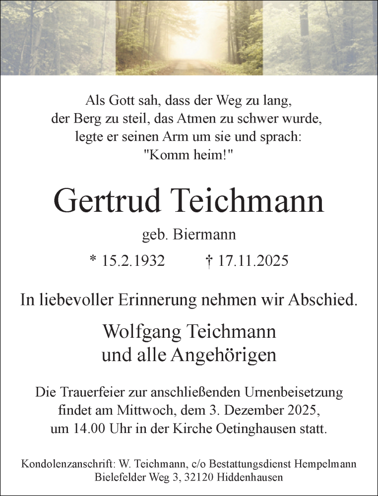  Traueranzeige für Gertrud Teichmann vom 22.11.2025 aus Neue Westfälische und Westfalen-Blatt
