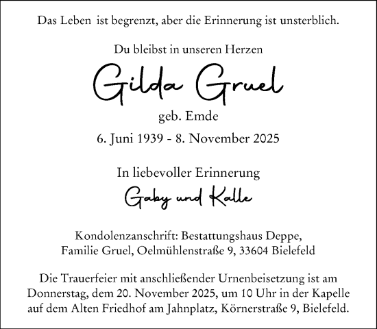 Traueranzeige von Gilda Gruel von Neue Westfälische und Westfalen-Blatt