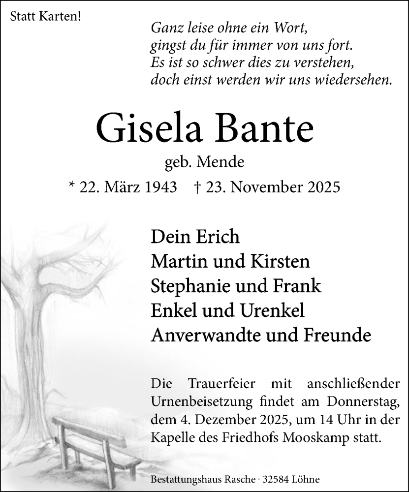  Traueranzeige für Gisela Bante vom 29.11.2025 aus Neue Westfälische und Westfalen-Blatt
