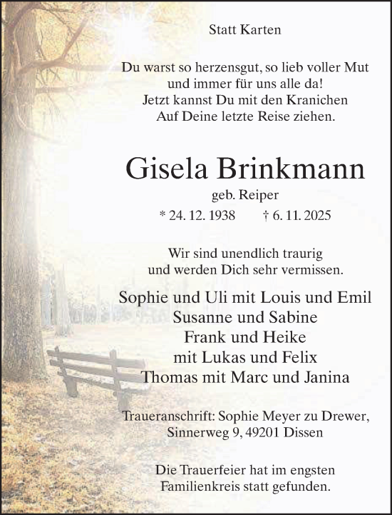 Traueranzeige von Gisela Brinkmann von Neue Westfälische und Westfalen-Blatt