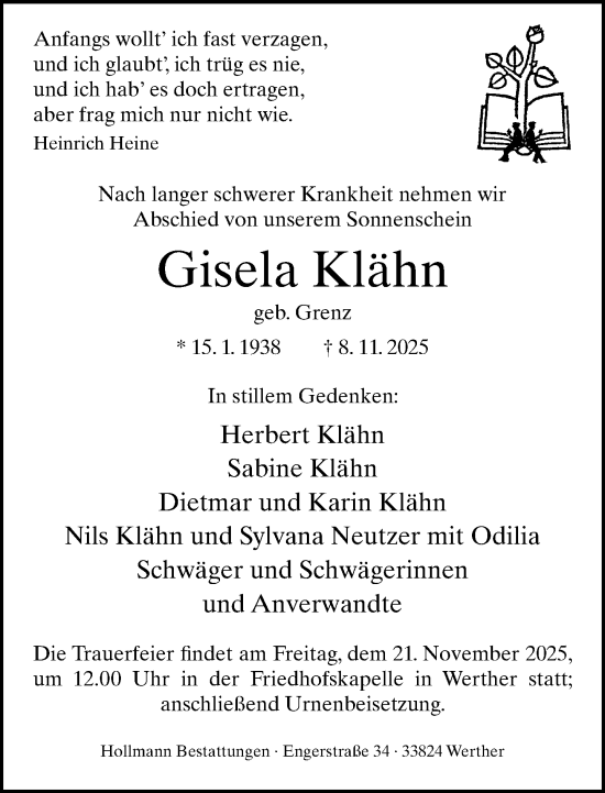 Traueranzeige von Gisela Klähn von Neue Westfälische und Westfalen-Blatt