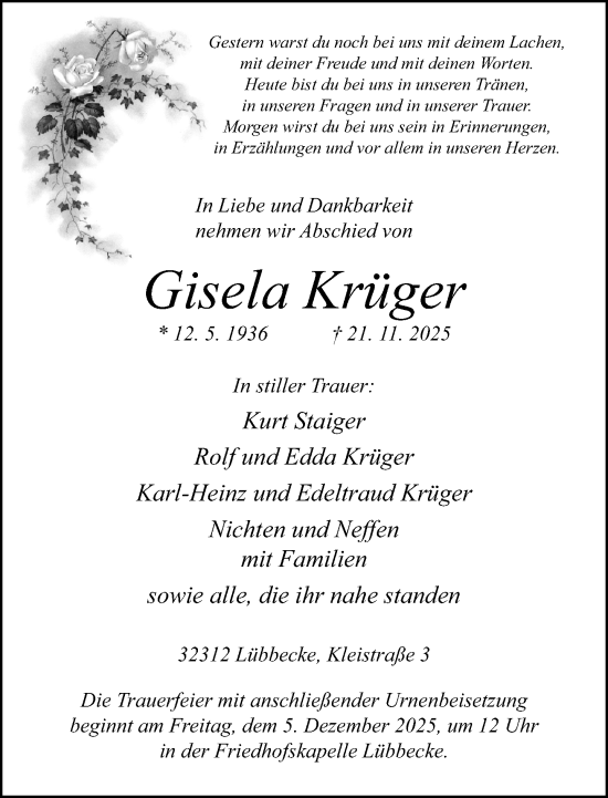 Traueranzeige von Gisela Krüger von Neue Westfälische und Westfalen-Blatt