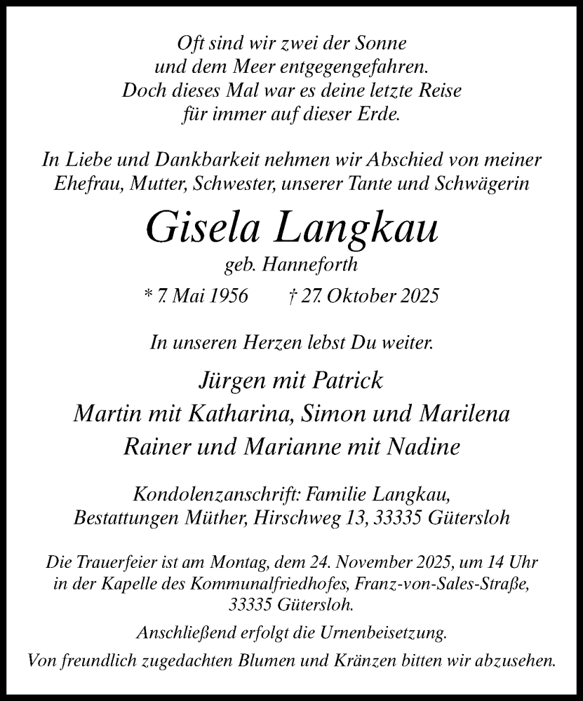  Traueranzeige für Gisela Langkau vom 20.11.2025 aus Neue Westfälische und Westfalen-Blatt