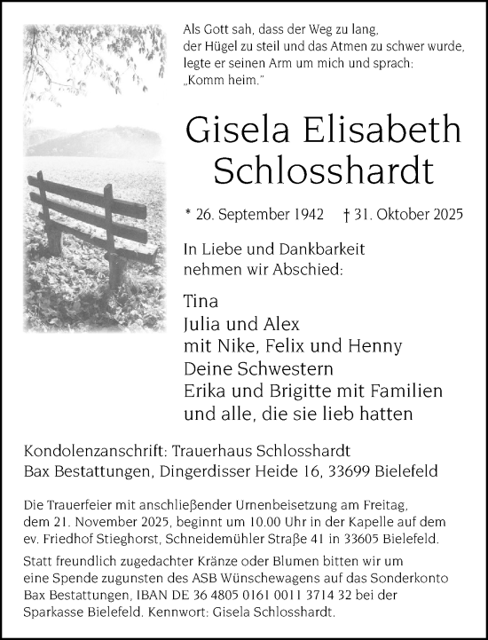 Traueranzeige von Gisela Elisabeth Schlosshardt von Neue Westfälische und Westfalen-Blatt