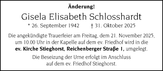 Traueranzeige von Gisela Elisabeth Schlosshardt von Neue Westfälische und Westfalen-Blatt