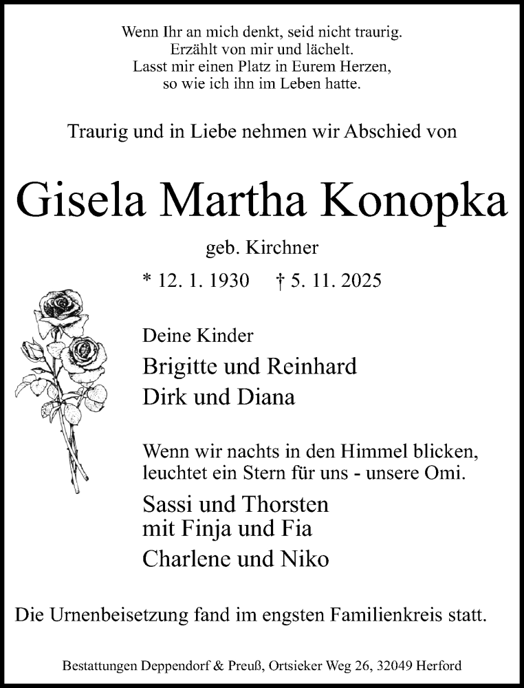  Traueranzeige für Gisela Martha Konopka vom 22.11.2025 aus Neue Westfälische und Westfalen-Blatt
