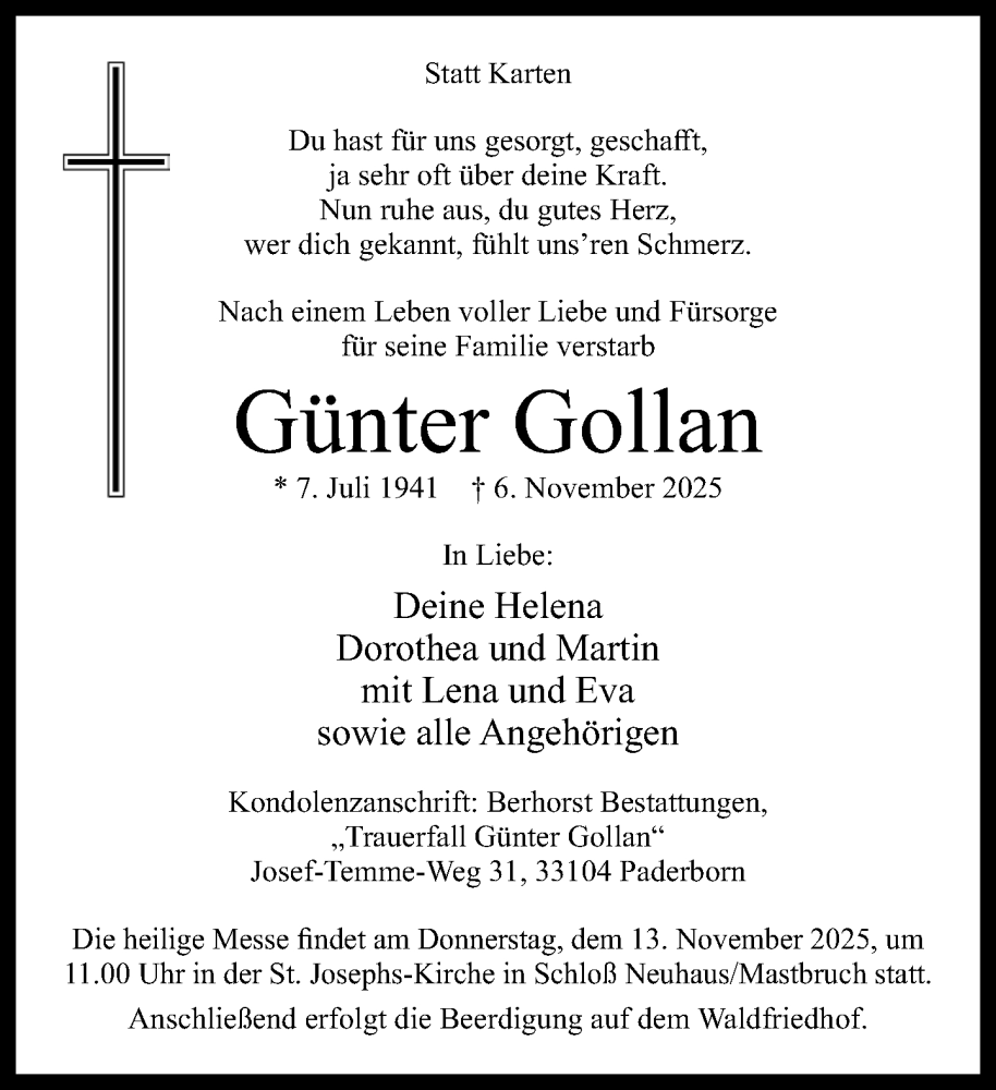  Traueranzeige für Günter Gollan vom 08.11.2025 aus Neue Westfälische und Westfalen-Blatt
