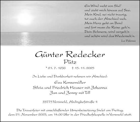 Traueranzeige von Günter Redecker von Neue Westfälische und Westfalen-Blatt