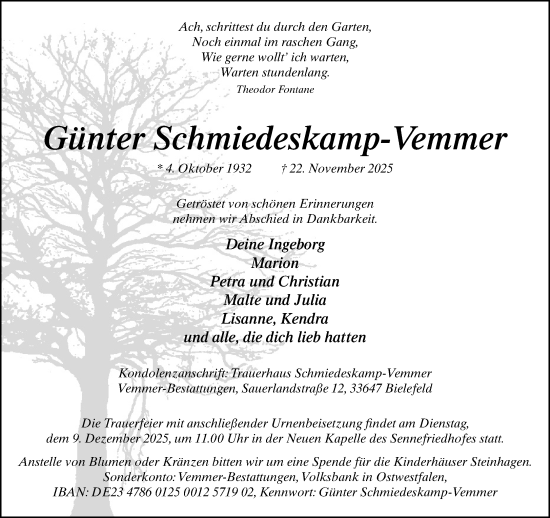 Traueranzeige von Günter Schmiedeskamp-Vemmer von Neue Westfälische und Westfalen-Blatt