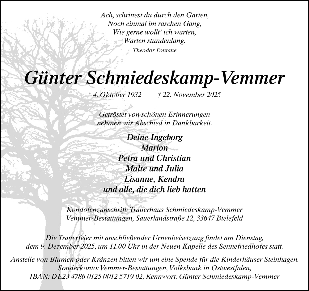  Traueranzeige für Günter Schmiedeskamp-Vemmer vom 29.11.2025 aus Neue Westfälische und Westfalen-Blatt