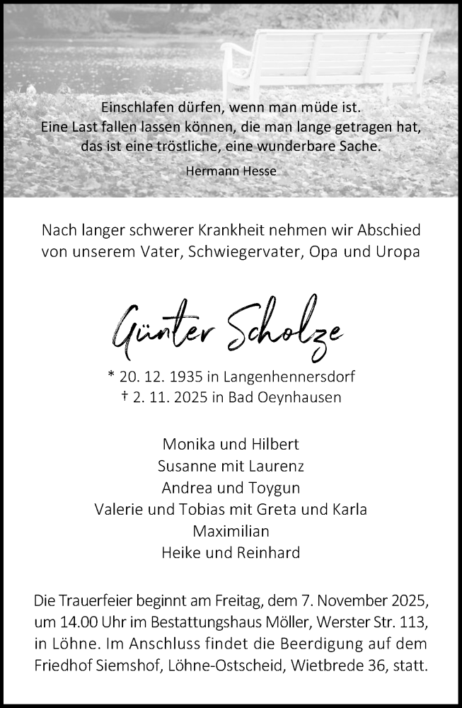  Traueranzeige für Günter Scholze vom 05.11.2025 aus Neue Westfälische und Westfalen-Blatt