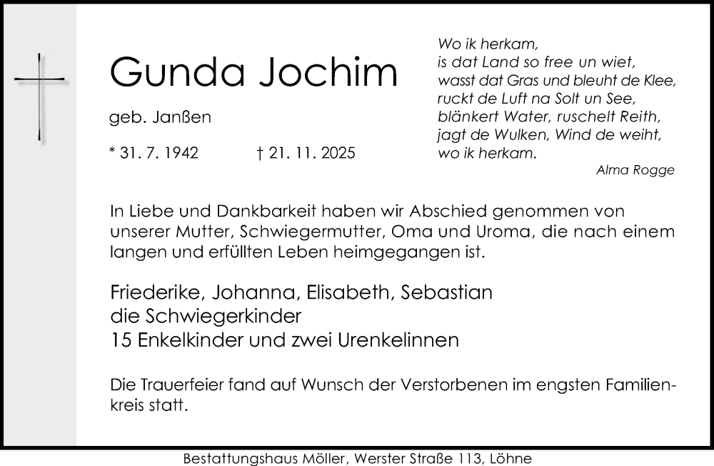  Traueranzeige für Gunda Jochim vom 29.11.2025 aus Neue Westfälische und Westfalen-Blatt