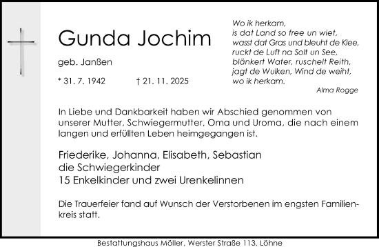 Traueranzeige von Gunda Jochim von Neue Westfälische und Westfalen-Blatt