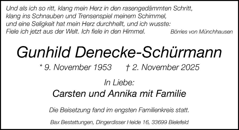  Traueranzeige für Gunhild Denecke-Schürmann vom 22.11.2025 aus Neue Westfälische und Westfalen-Blatt