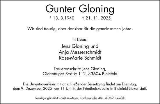 Traueranzeige von Gunter Gloning von Neue Westfälische und Westfalen-Blatt