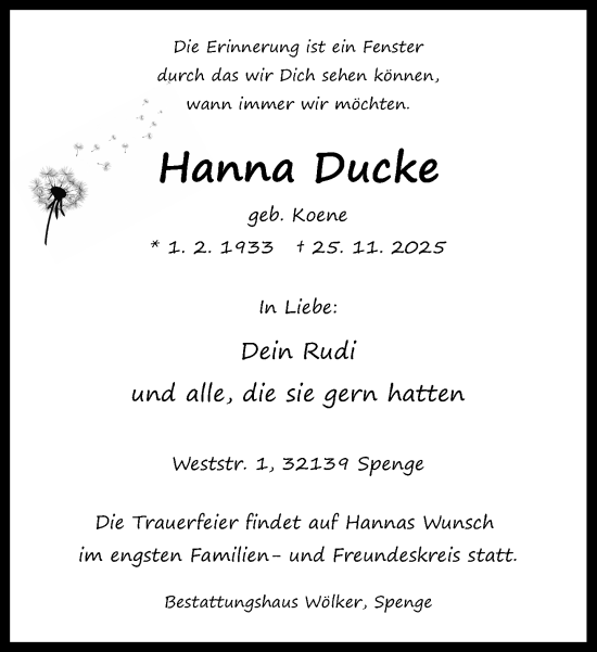 Traueranzeige von Hanna Ducke von Neue Westfälische und Westfalen-Blatt