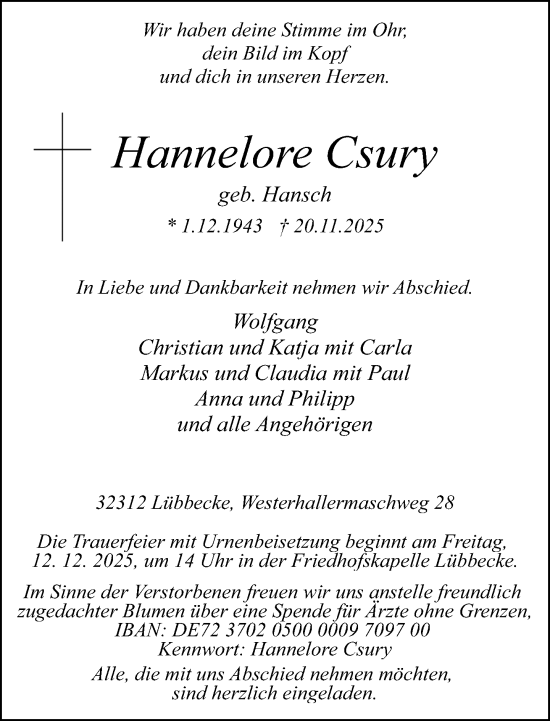 Traueranzeige von Hannelore Csury von Neue Westfälische und Westfalen-Blatt