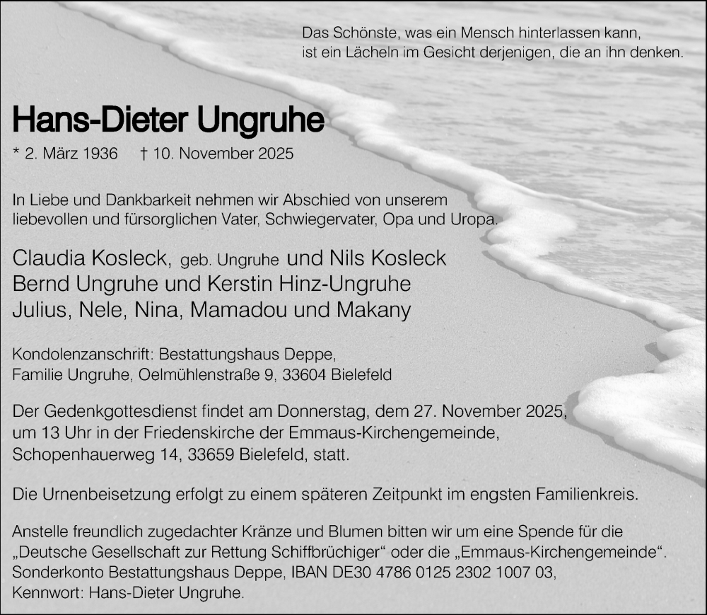  Traueranzeige für Hans-Dieter Ungruhe vom 15.11.2025 aus Neue Westfälische und Westfalen-Blatt