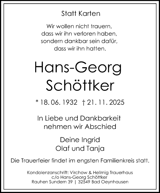 Traueranzeige von Hans-Georg Schöttker von Neue Westfälische und Westfalen-Blatt
