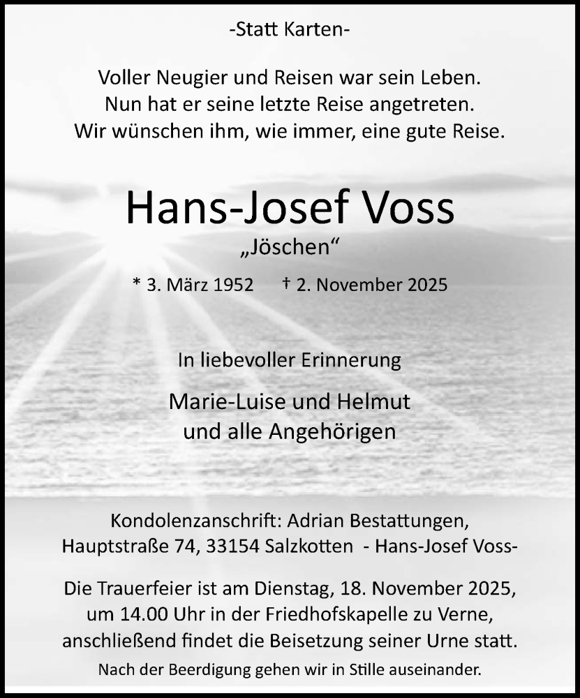  Traueranzeige für Hans-Josef Voss vom 08.11.2025 aus Neue Westfälische und Westfalen-Blatt