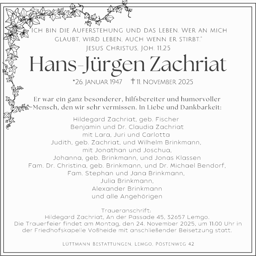  Traueranzeige für Hans-Jürgen Zachriat vom 20.11.2025 aus Neue Westfälische und Westfalen-Blatt