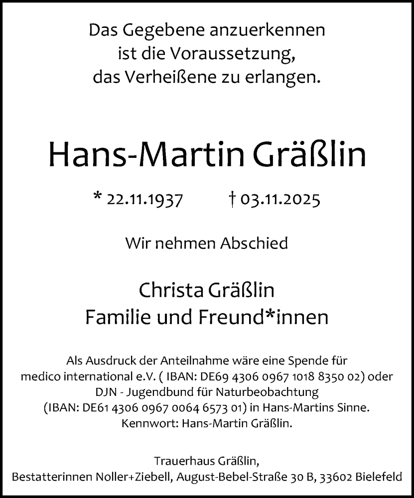  Traueranzeige für Hans-Martin Gräßlin vom 08.11.2025 aus Neue Westfälische und Westfalen-Blatt